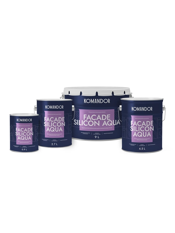 Краска фасадная Komandor Facade Silicon Aqua, глубокоматовая, база А, белая, 2,7 л