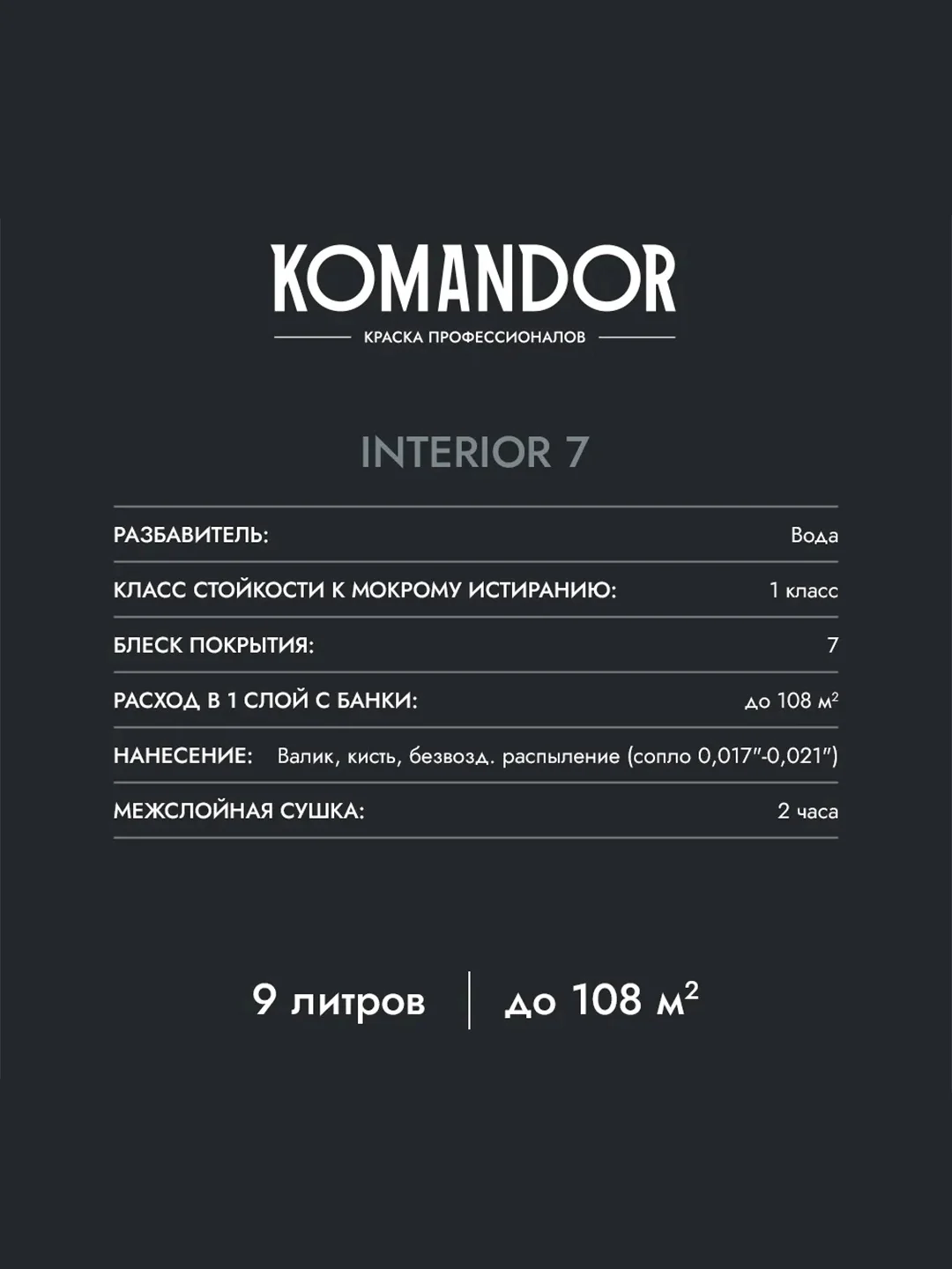 Краска для стен и потолков Komandor Interior 7, матовая, база C, бесцветная, 9 л