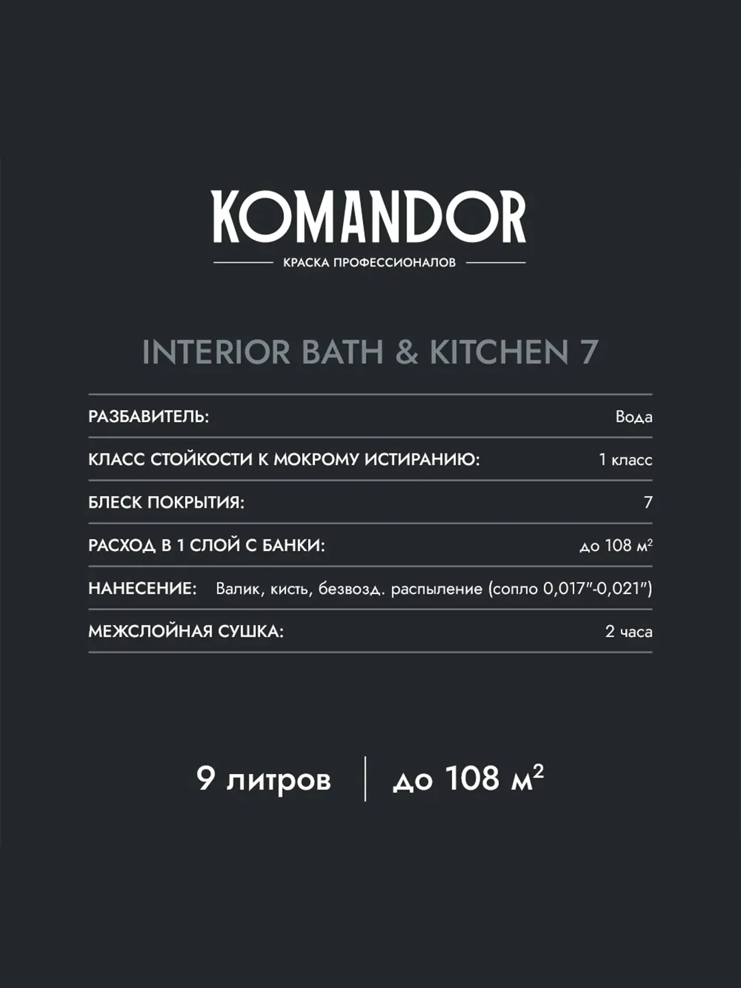 Краска интерьерная влагостойкая Komandor Interior Bath&Kitchen 7, матовая, белая, 9 л