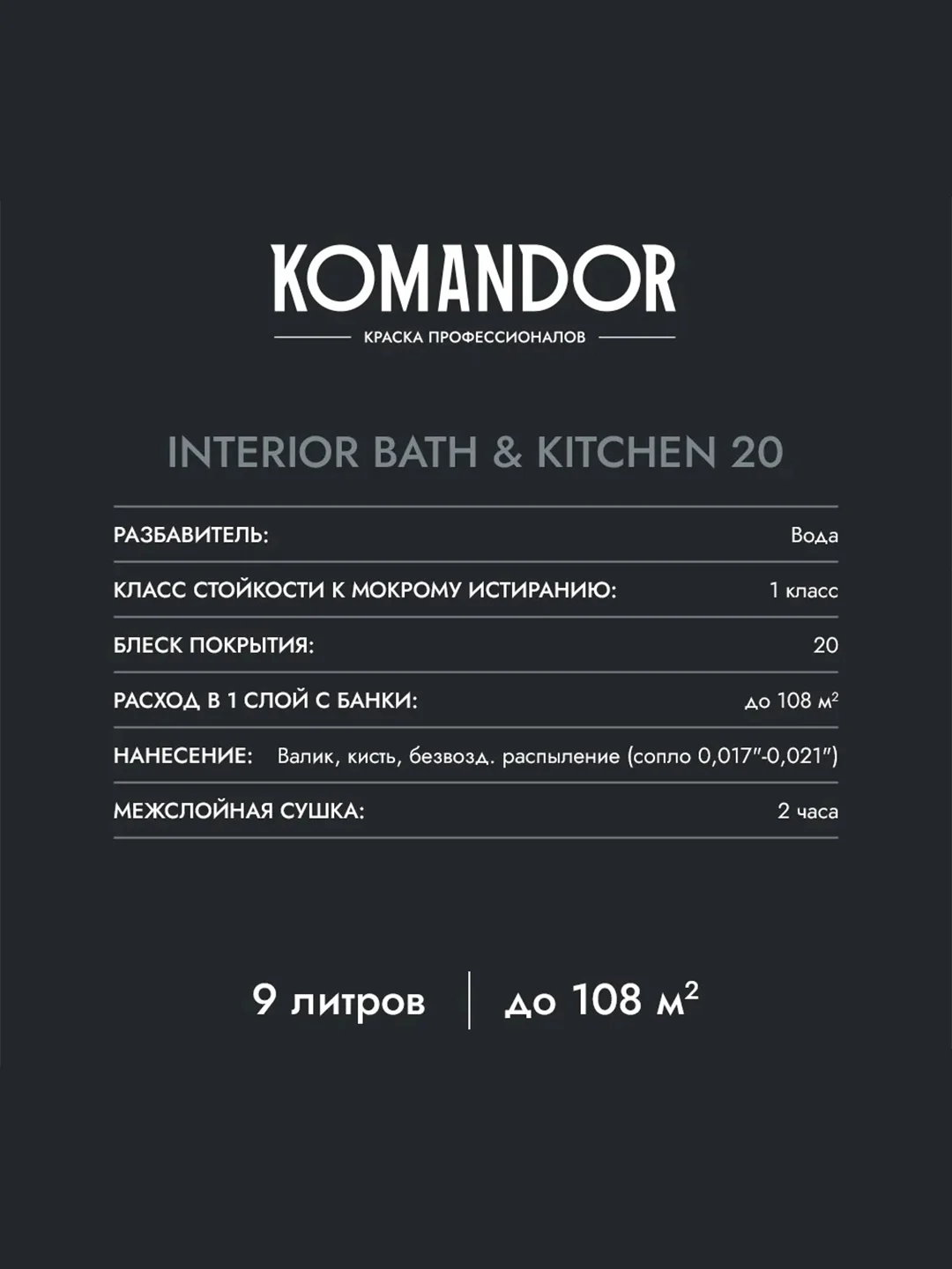 Краска интерьерная влагостойкая Komandor Interior Bath&Kitchen 20, полуматовая, 9 л