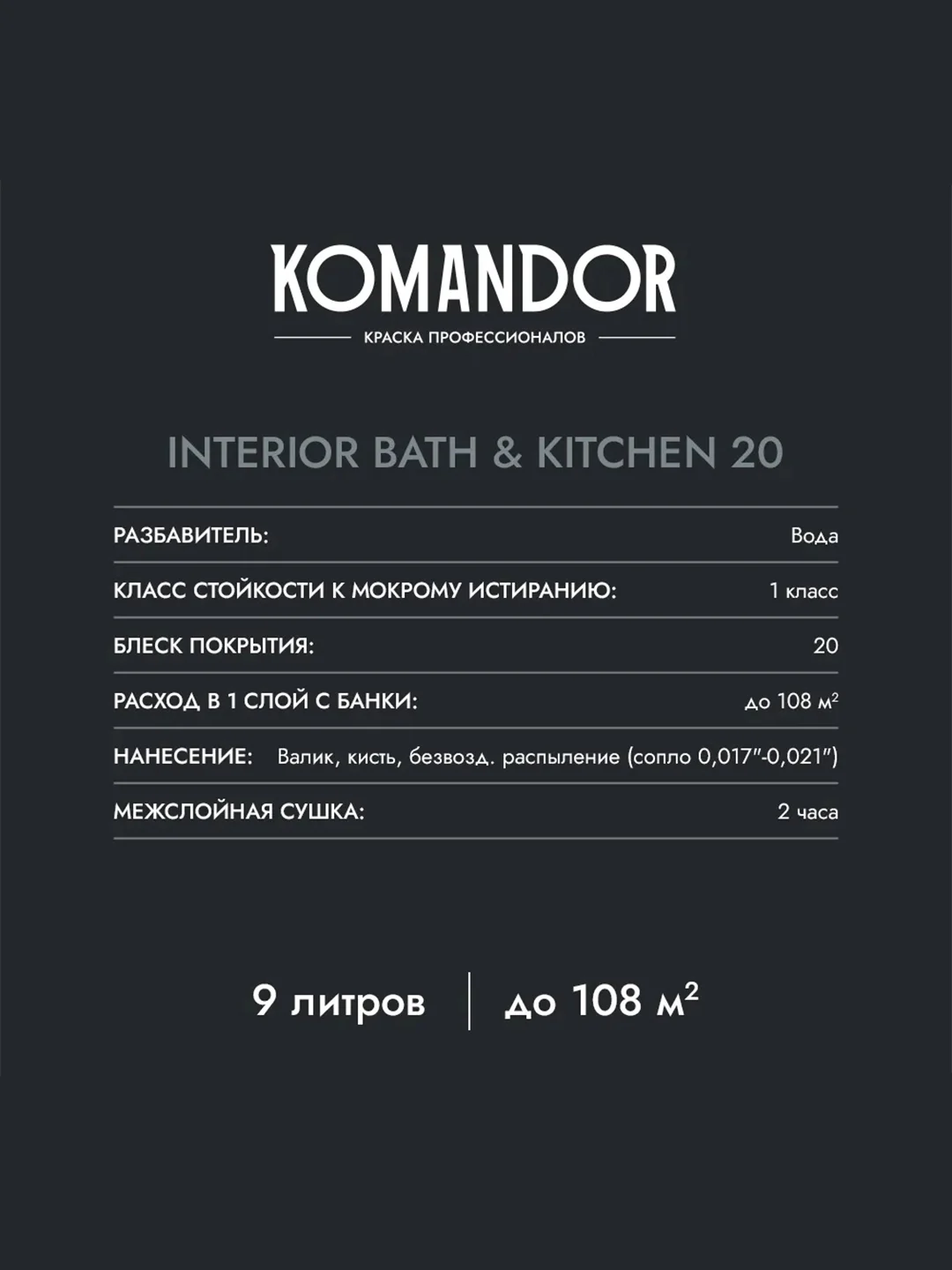 Краска интерьерная влагостойкая Komandor Interior Bath&Kitchen 20, база С, бесцветная, 9 л