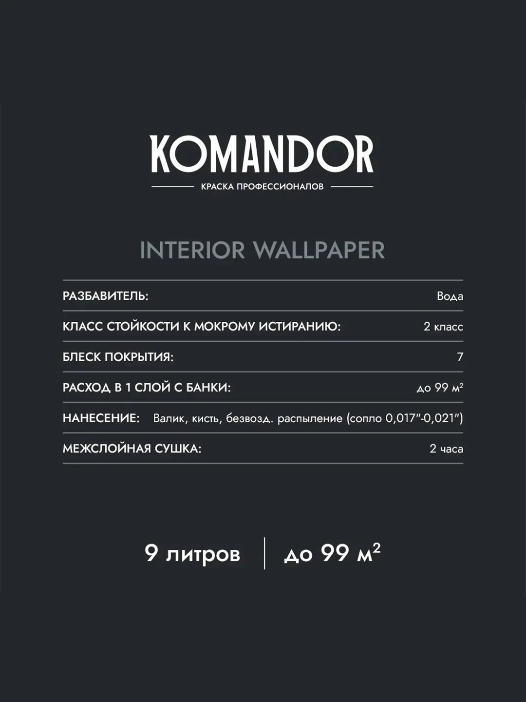 Краска для обоев Komandor Interior Wallpaper, матовая, база C, бесцветная, 9 л