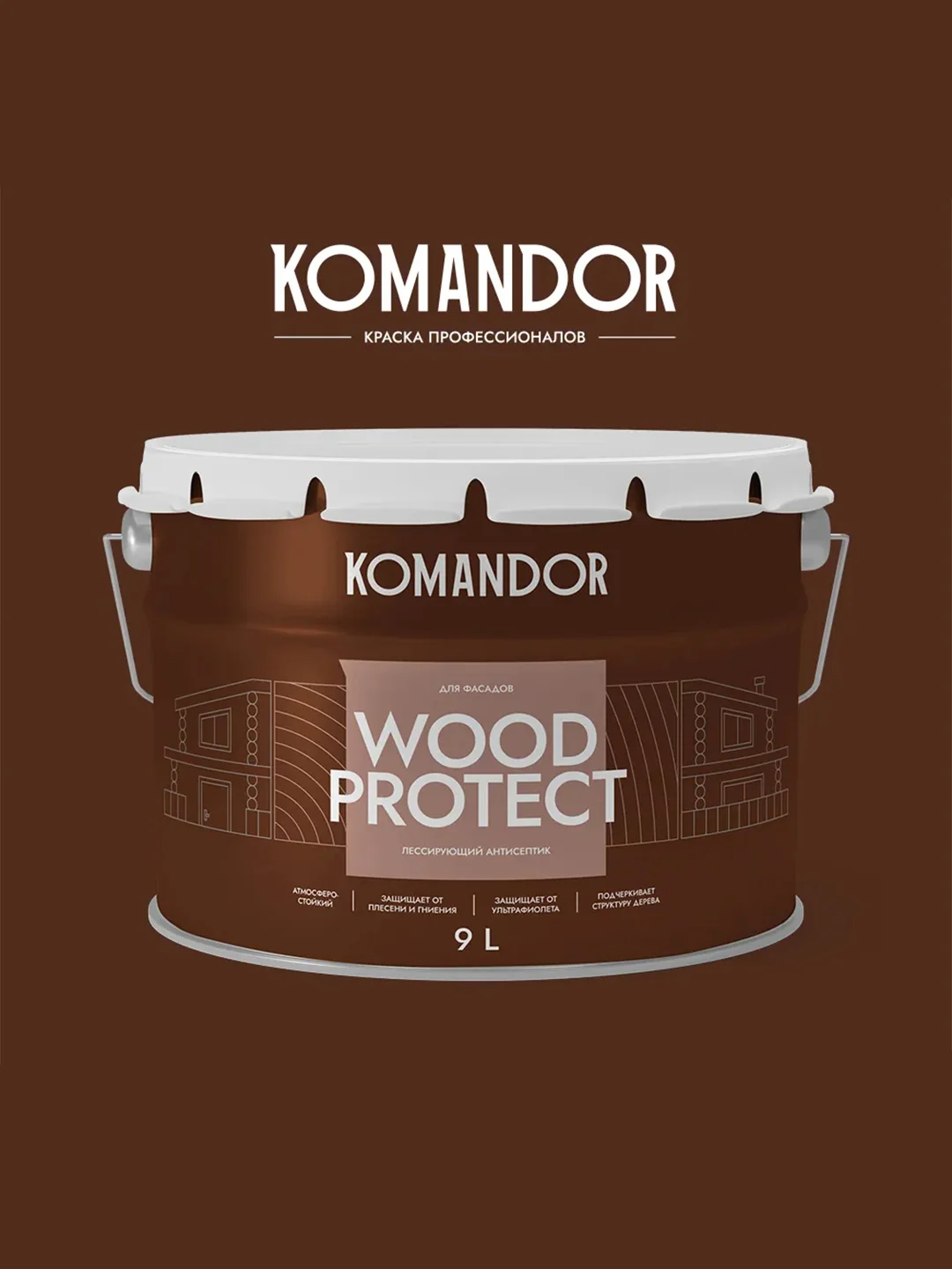 Антисептик для дерева Komandor Wood Protect, лессирующий, база С, бесцветный, 9 л