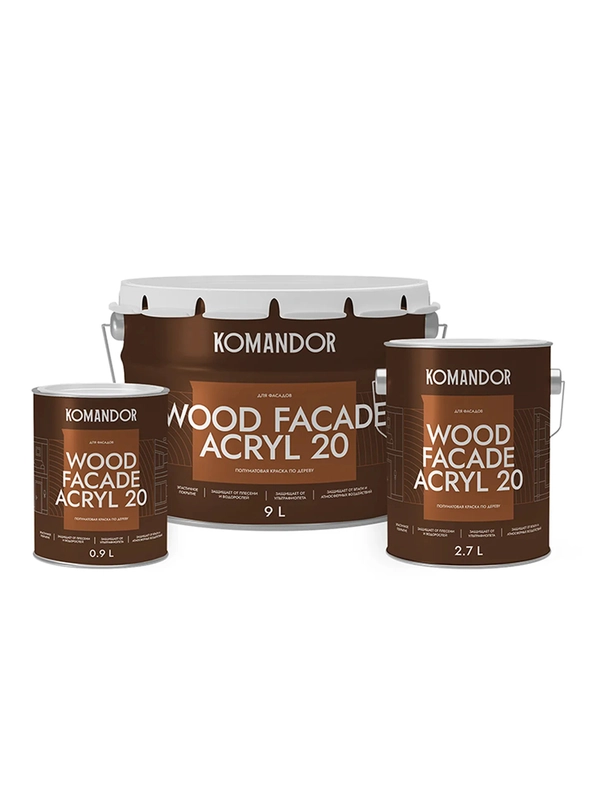 Краска для деревянных фасадов Komandor Wood Facade Acryl 20, полуматовая, база C,  2,7 л