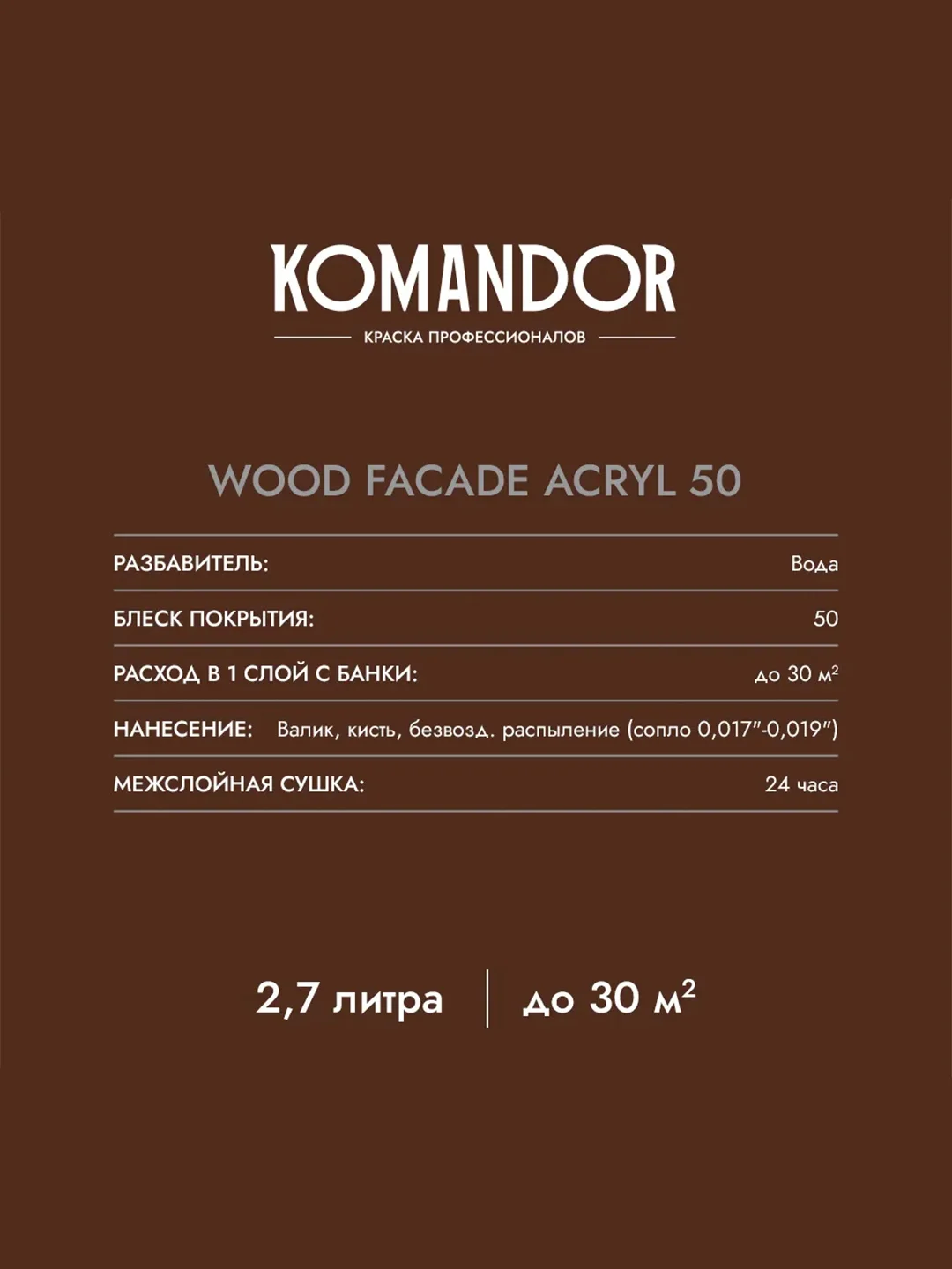 Краска для деревянных фасадов Komandor Wood Facade Acryl 50, база C, бесцветная, 2,7 л