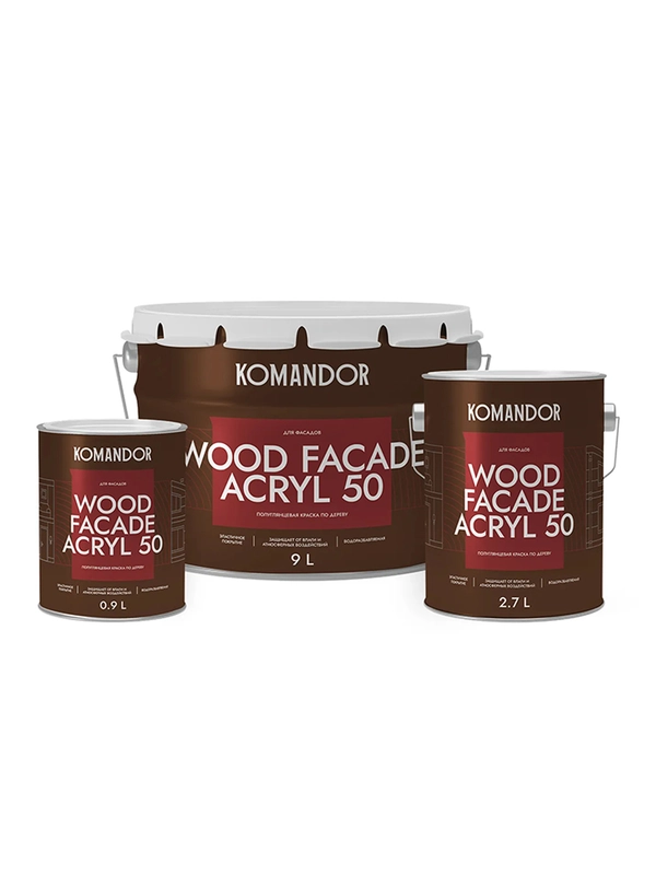 Краска для деревянных фасадов Komandor Wood Facade Acryl 50, база C, бесцветная, 2,7 л
