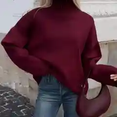 Бордовый свитер женский, бордовый, оверсайз, с горлом