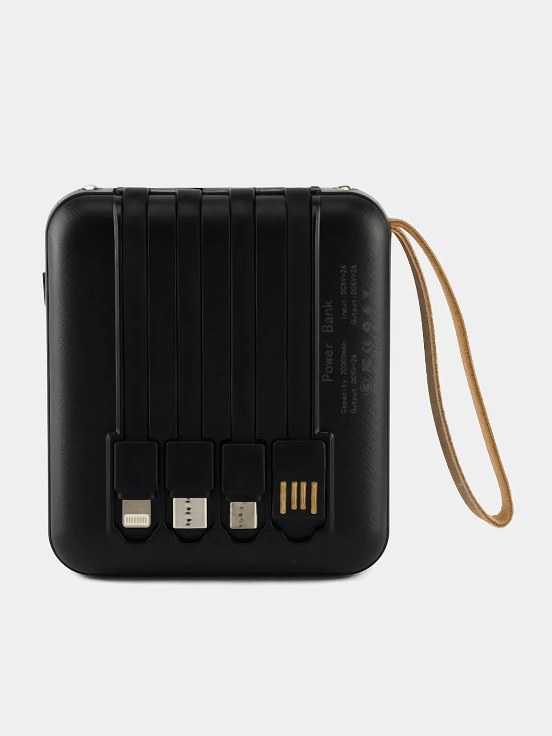 Угольный внешний аккумулятор с 4 встроенными кабелями, Lightning, Type-C, Power Bank, 10000 mAh