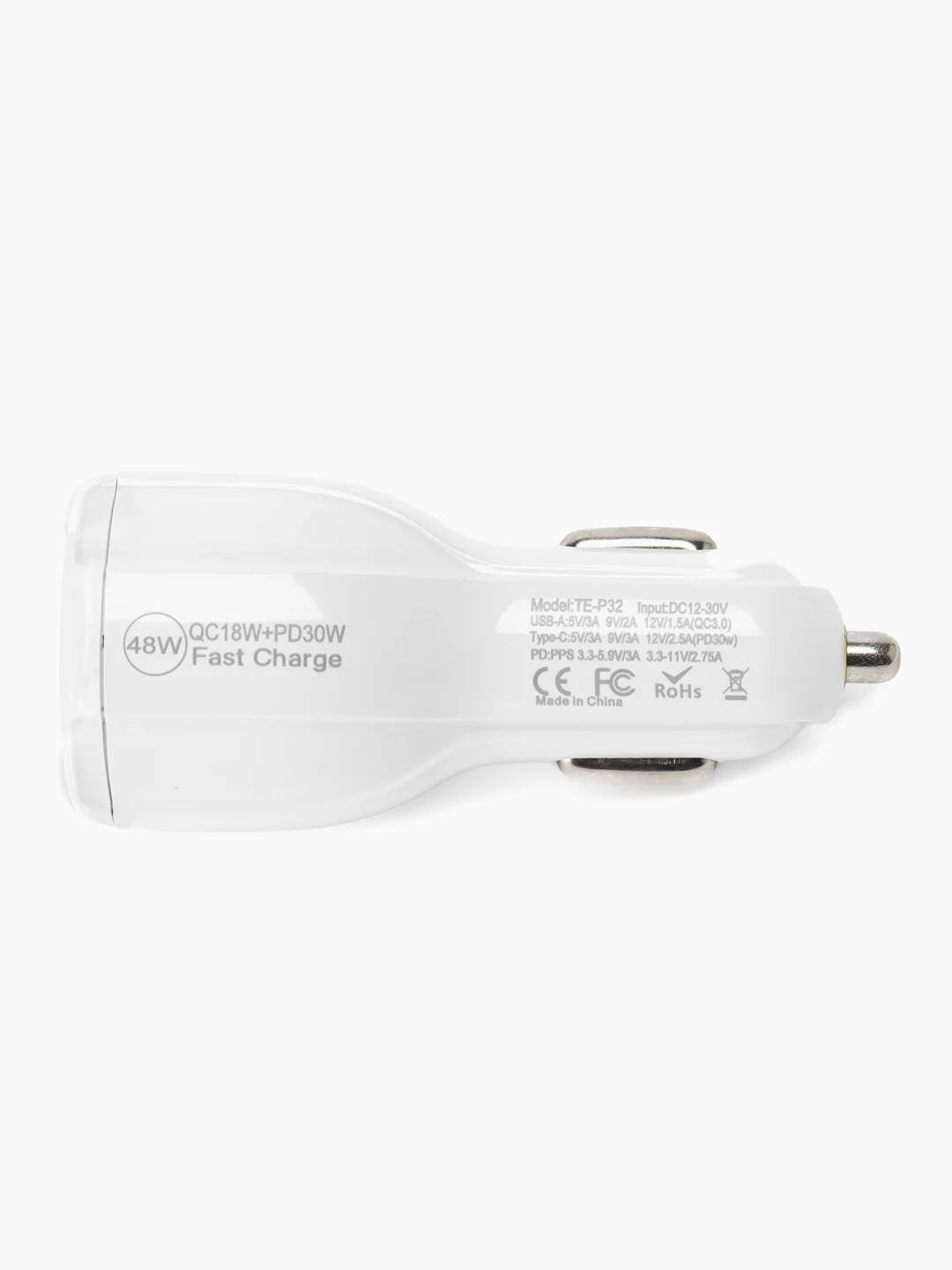 Белый автомобильное зарядное устройство в прикуриватель Type-C + USB, быстрая зарядка, 48В