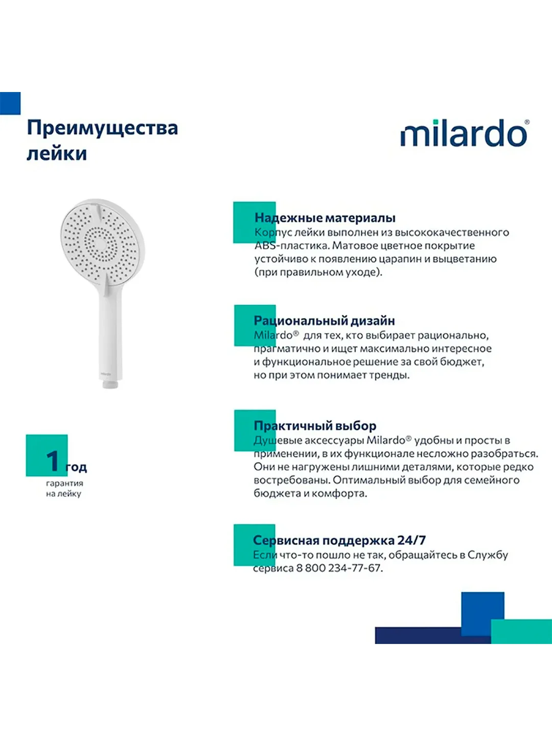 Лейка для душа Milardo Rora, 4 режима, белая матовая