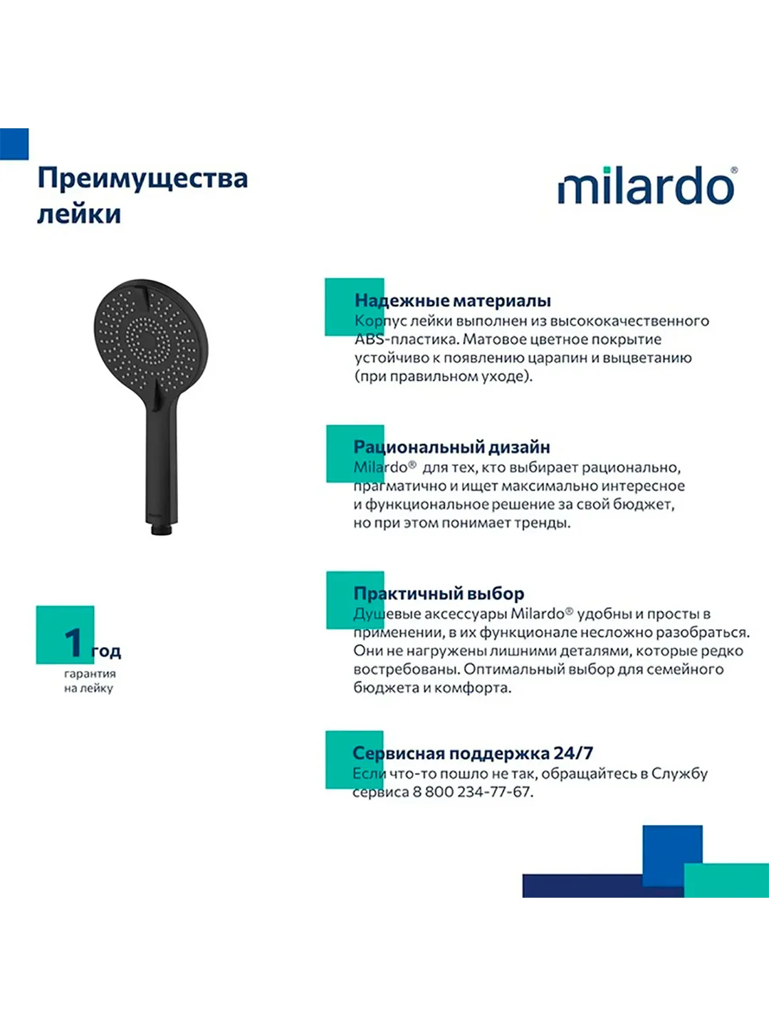Лейка для душа Milardo Rora, 4 режима, черная матовая