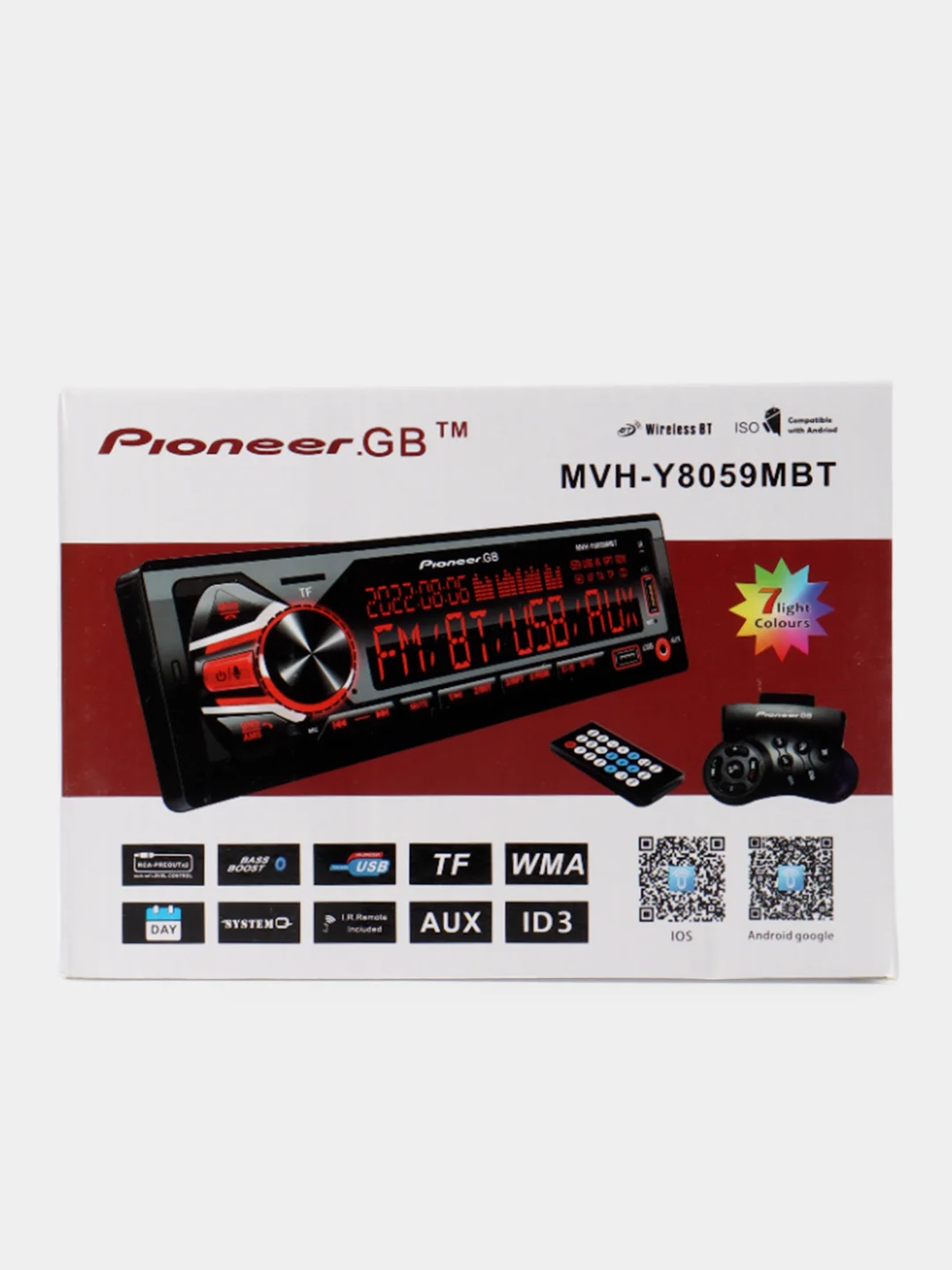 Красный автомагнитола Pioneer GB MVH, 7 цветов подсветки, 1 Din, Bluetooth, мультируль, пульт ДУ