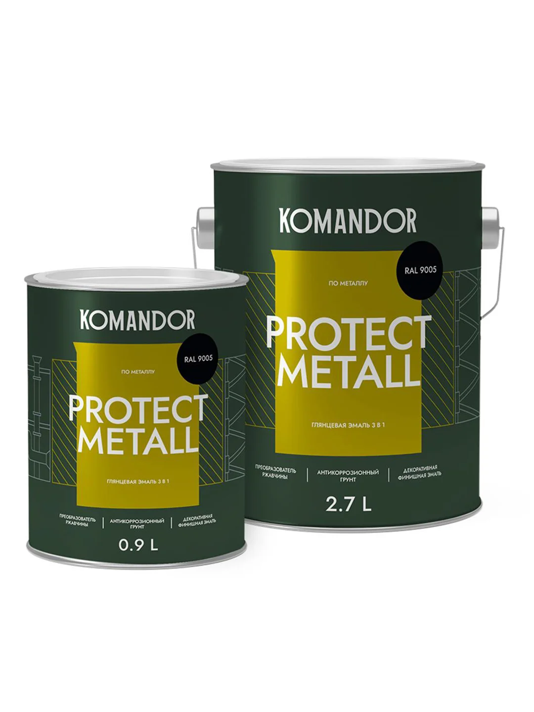 Грунт-эмаль по ржавчине 3 в 1 Komandor Protect Metall, глянцевая, 2,7 л, RAL 9005, черный