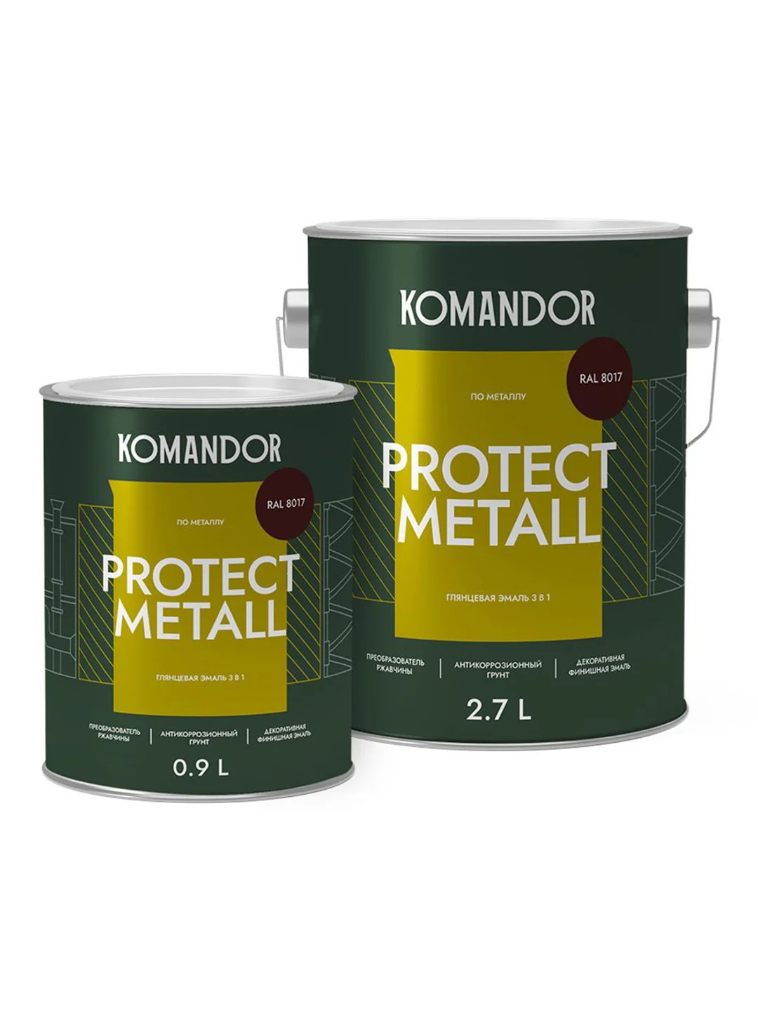 Грунт-эмаль по ржавчине 3 в 1 Komandor Protect Metall, глянцевая, 0,9 л, RAL 8017