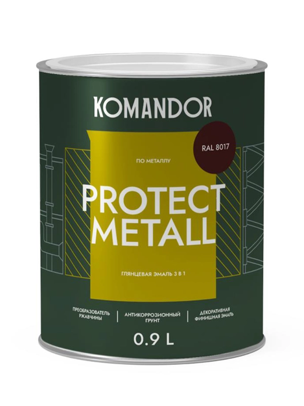 Грунт-эмаль по ржавчине 3 в 1 Komandor Protect Metall, глянцевая, 0,9 л, RAL 8017