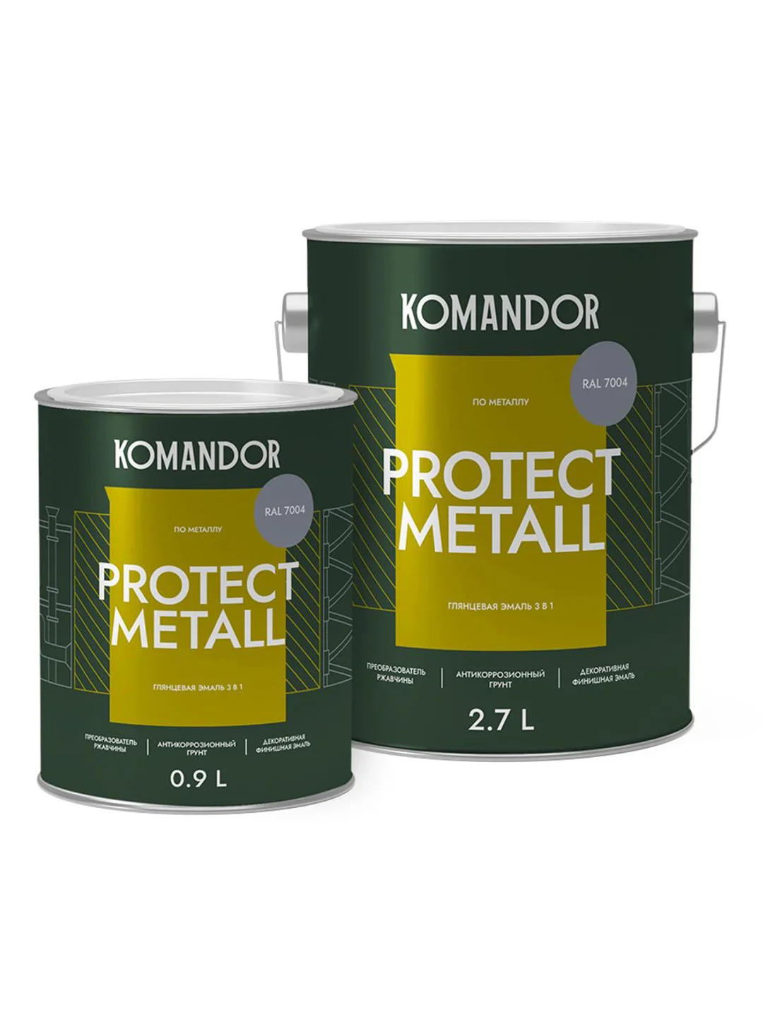 Грунт-эмаль по ржавчине 3 в 1 Komandor Protect Metall, глянцевая, 0,9 л, RAL 7004, серый