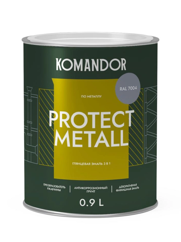 Грунт-эмаль по ржавчине 3 в 1 Komandor Protect Metall, глянцевая, 0,9 л, RAL 7004, серый