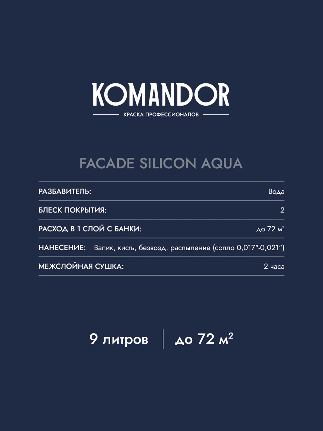 Краска фасадная Komandor Facade Silicon Aqua, глубокоматовая, база С, бесцветный, 9 л