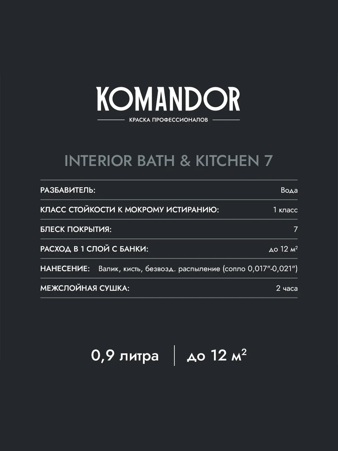 Краска интерьерная влагостойкая Komandor Interior Bath&Kitchen 7, матовая, 0,9 л