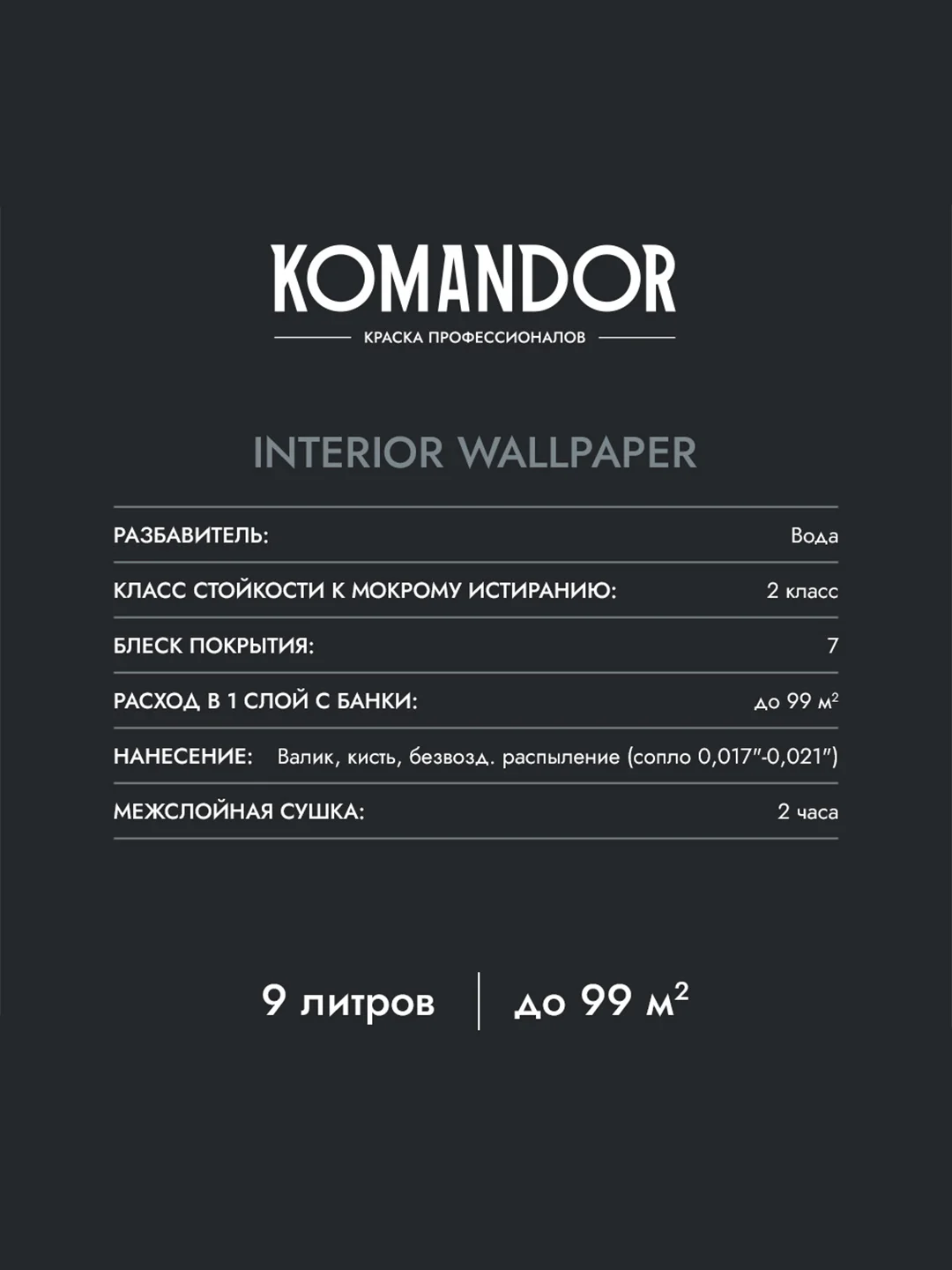 Краска для обоев Komandor Interior Wallpaper, матовая, база А, белая, 9 л