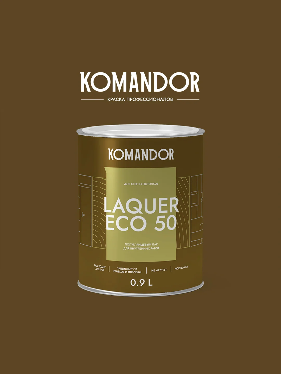 Лак для стен и потолков Komandor Laquer Eco 50, полуглянцевый, 0,9 л