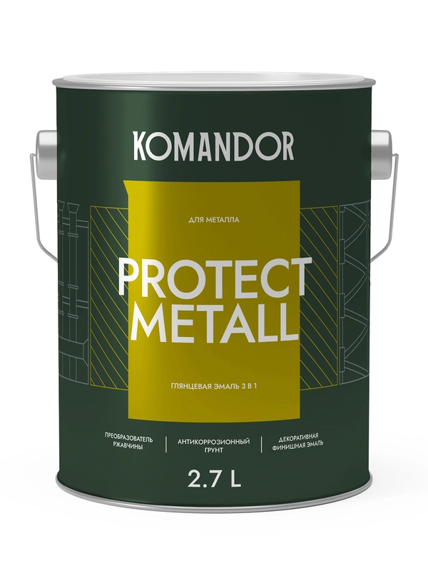 Грунт-эмаль по ржавчине 3 в 1 Komandor Protect Metall, глянцевая, база А, белая, 2,7 л