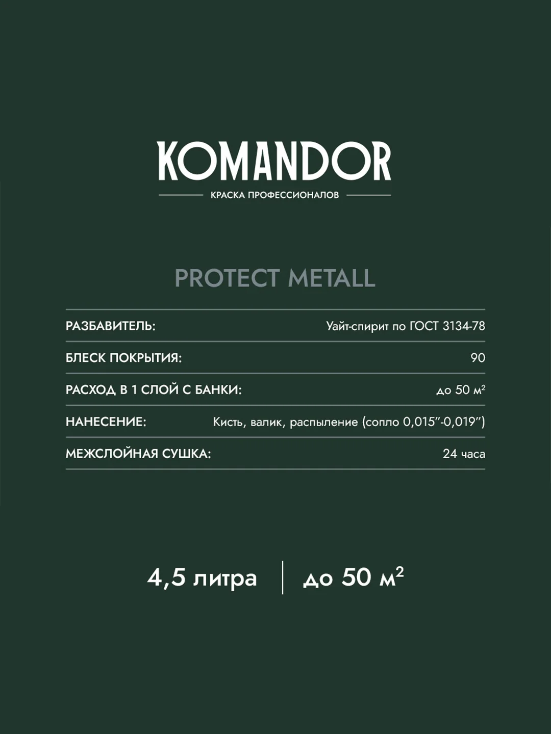 Грунт-эмаль по ржавчине 3 в 1 Komandor Protect Metall, глянцевая, база C, , 4,5 л