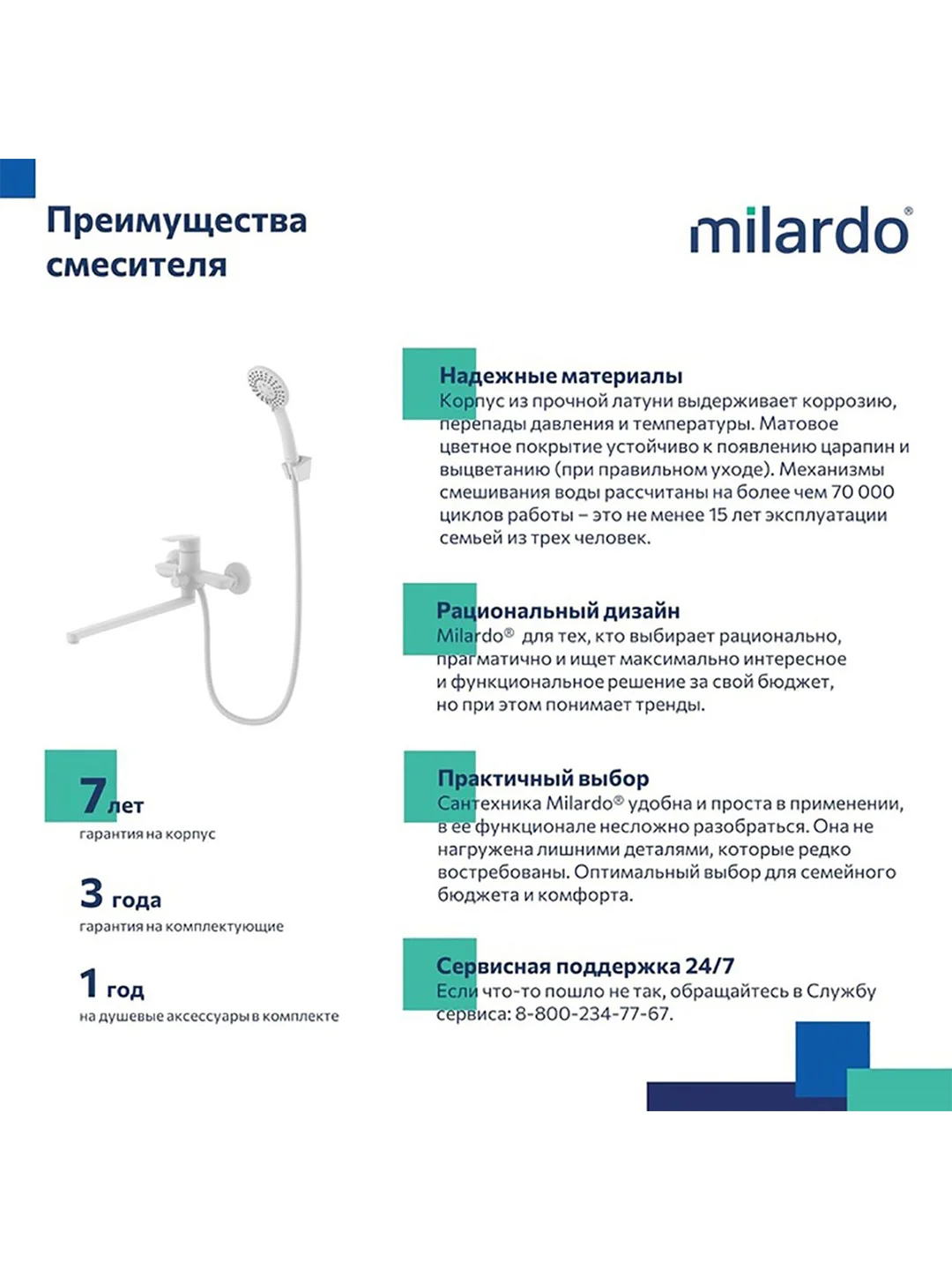Смеситель для ванны с душем Milardo Rora, с длинным изливом, белый матовый