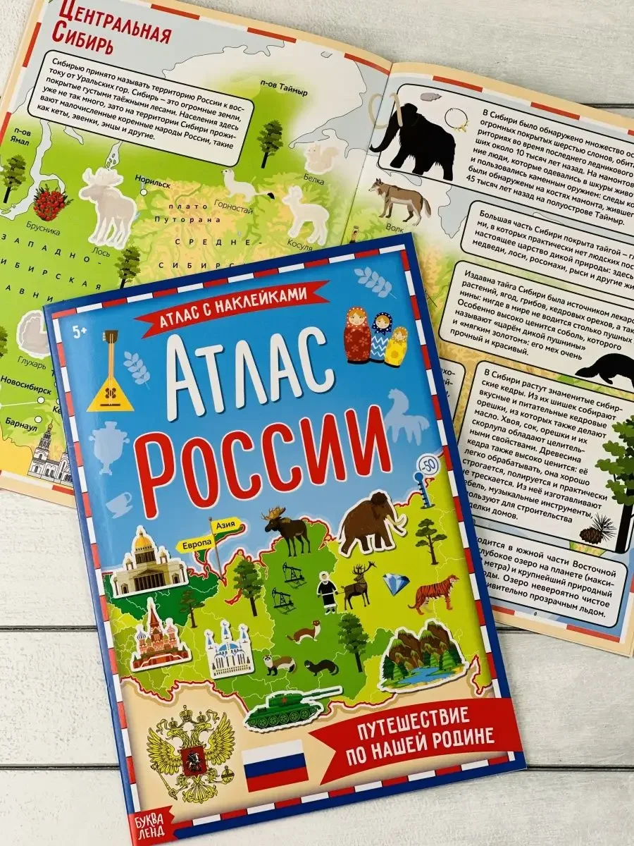 Развивающая книжка с заданиями стикеры Атлас России наклейки карта страны Россия животные