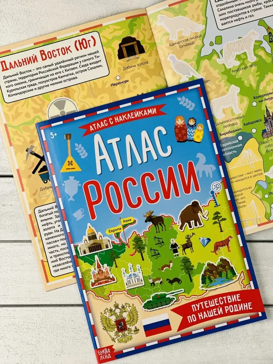 Развивающая книжка с заданиями стикеры Атлас России наклейки карта страны Россия животные