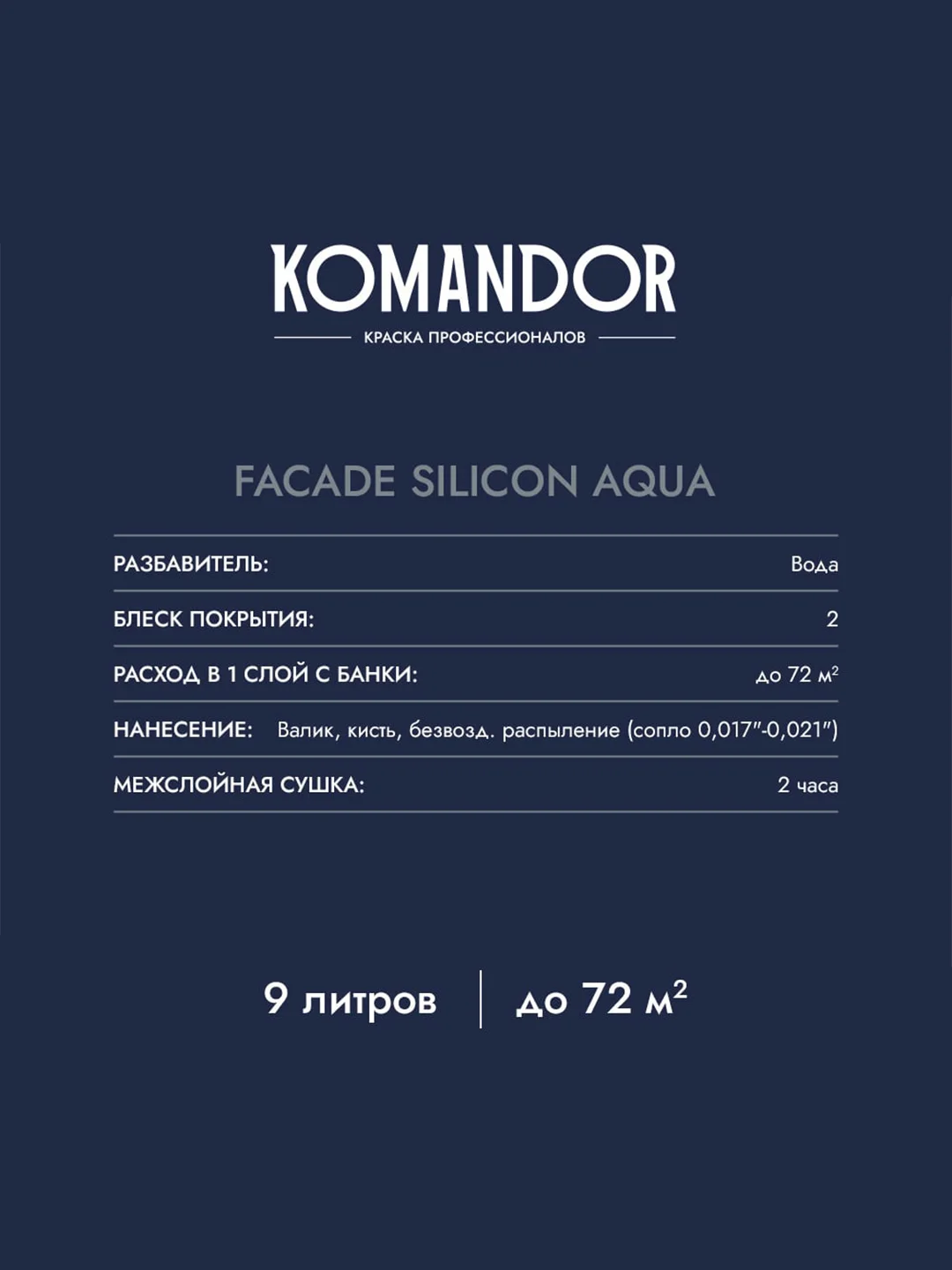Краска фасадная Komandor Facade Silicon Aqua, глубокоматовая, база А, белая, 9 л