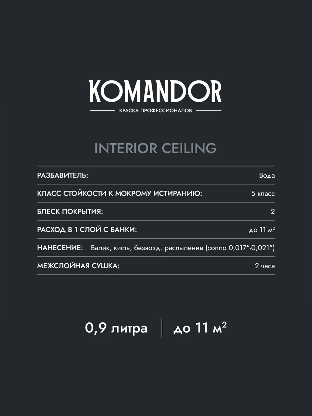 Краска для потолка Komandor Interior Ceiling, глубокоматовая, 0,9 л, белоснежная
