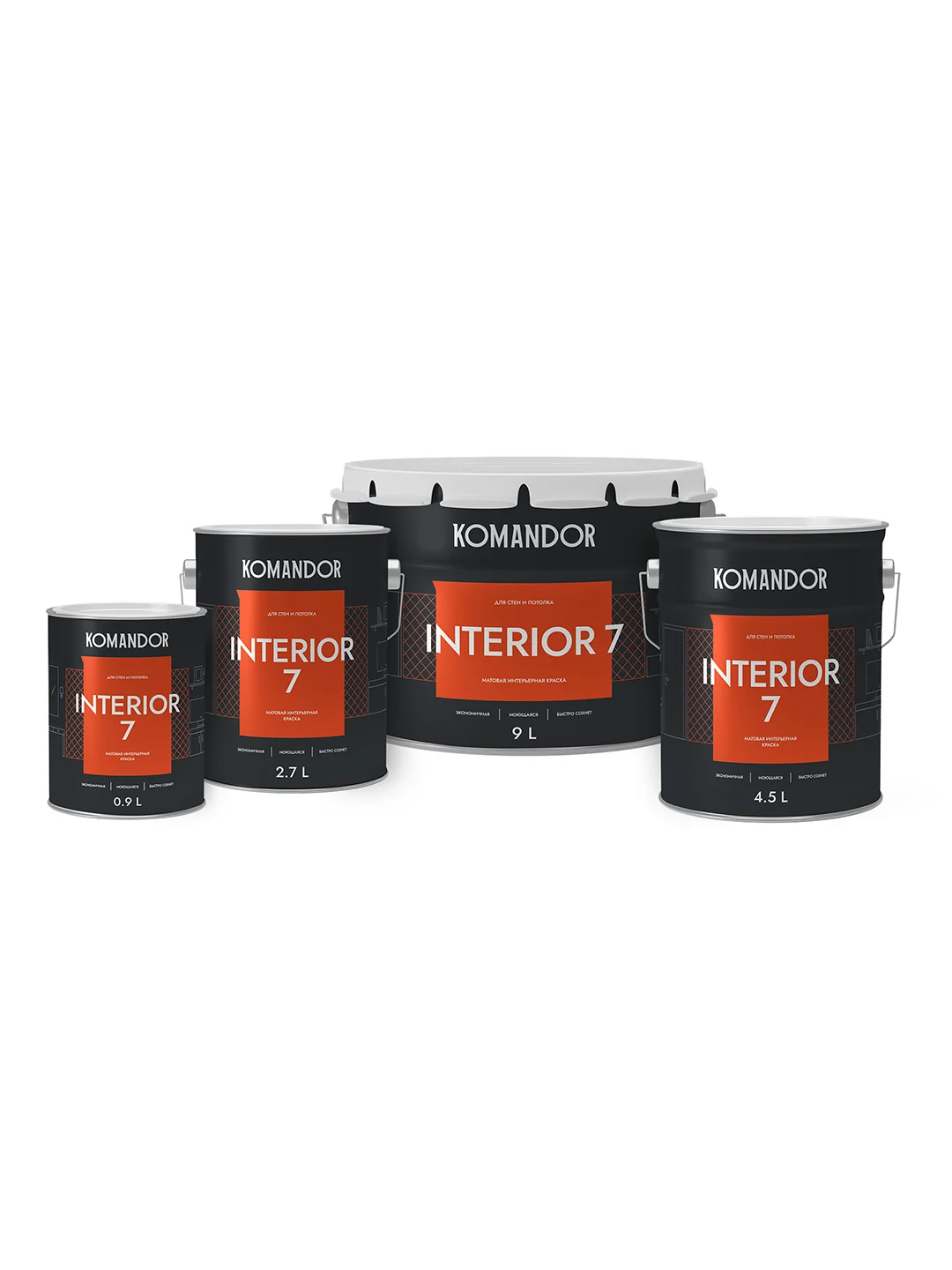 Краска для стен и потолков Komandor Interior 7, матовая, база C, бесцветная, 2,7 л