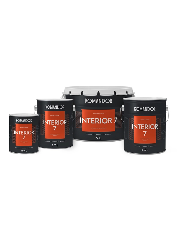 Краска для стен и потолков Komandor Interior 7, матовая, база C, бесцветная, 2,7 л