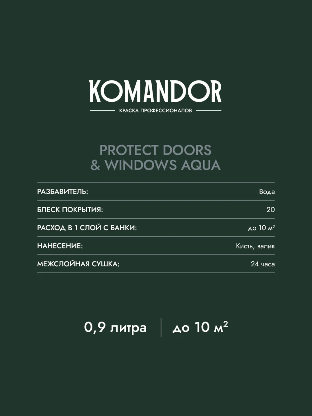 Эмаль для окон и дверей Komandor Protect Doors&Widows Aqua, полуматовая, 0,9 л