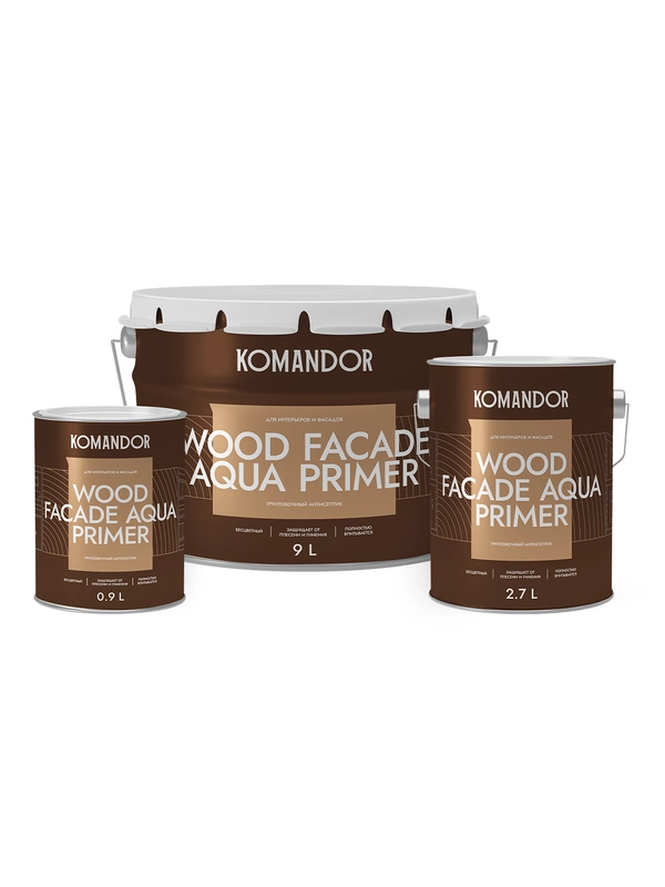 Грунт-антисептик для дерева Komandor Wood Facade Aqua Primer, 2,7 л