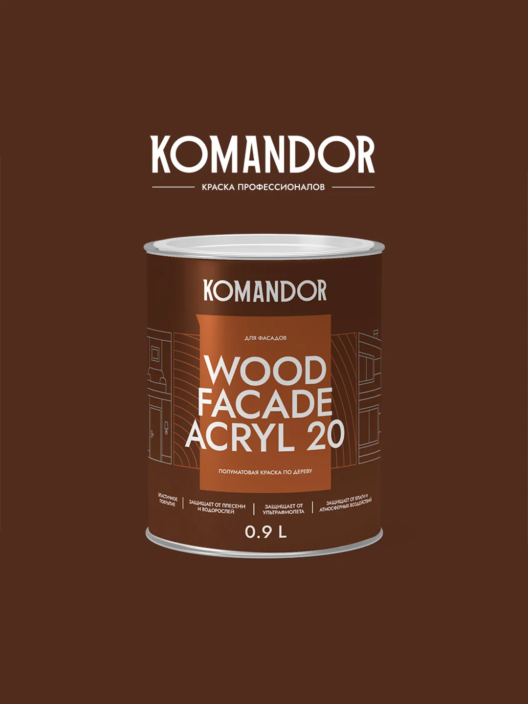 Краска для деревянных фасадов Komandor Wood Facade Acryl 20, полуматовая, белая, 0,9 л