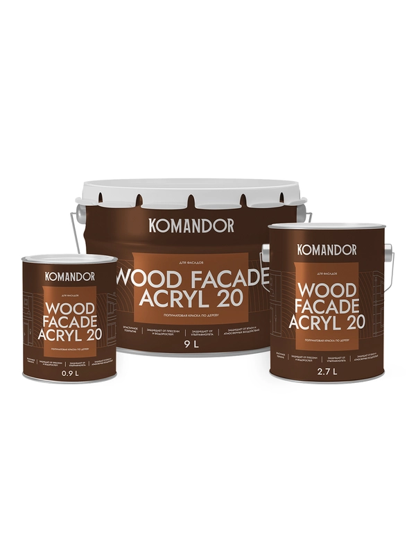 Краска для деревянных фасадов Komandor Wood Facade Acryl 20, полуматовая, белая, 0,9 л