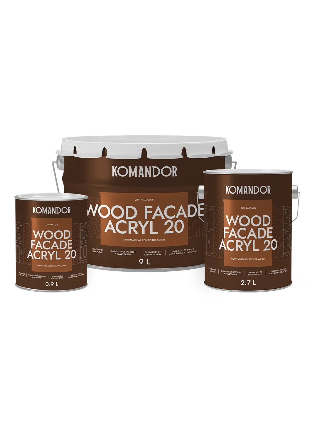 Краска для деревянных фасадов Komandor Wood Facade Acryl 20, полуматовая, белая, 2,7 л