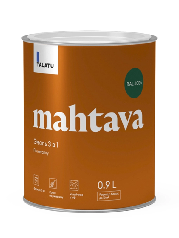 Грунт-эмаль по ржавчине 3 в 1 Talatu Mahtava, глянцевая, 0,9 л, RAL 6005, зеленая
