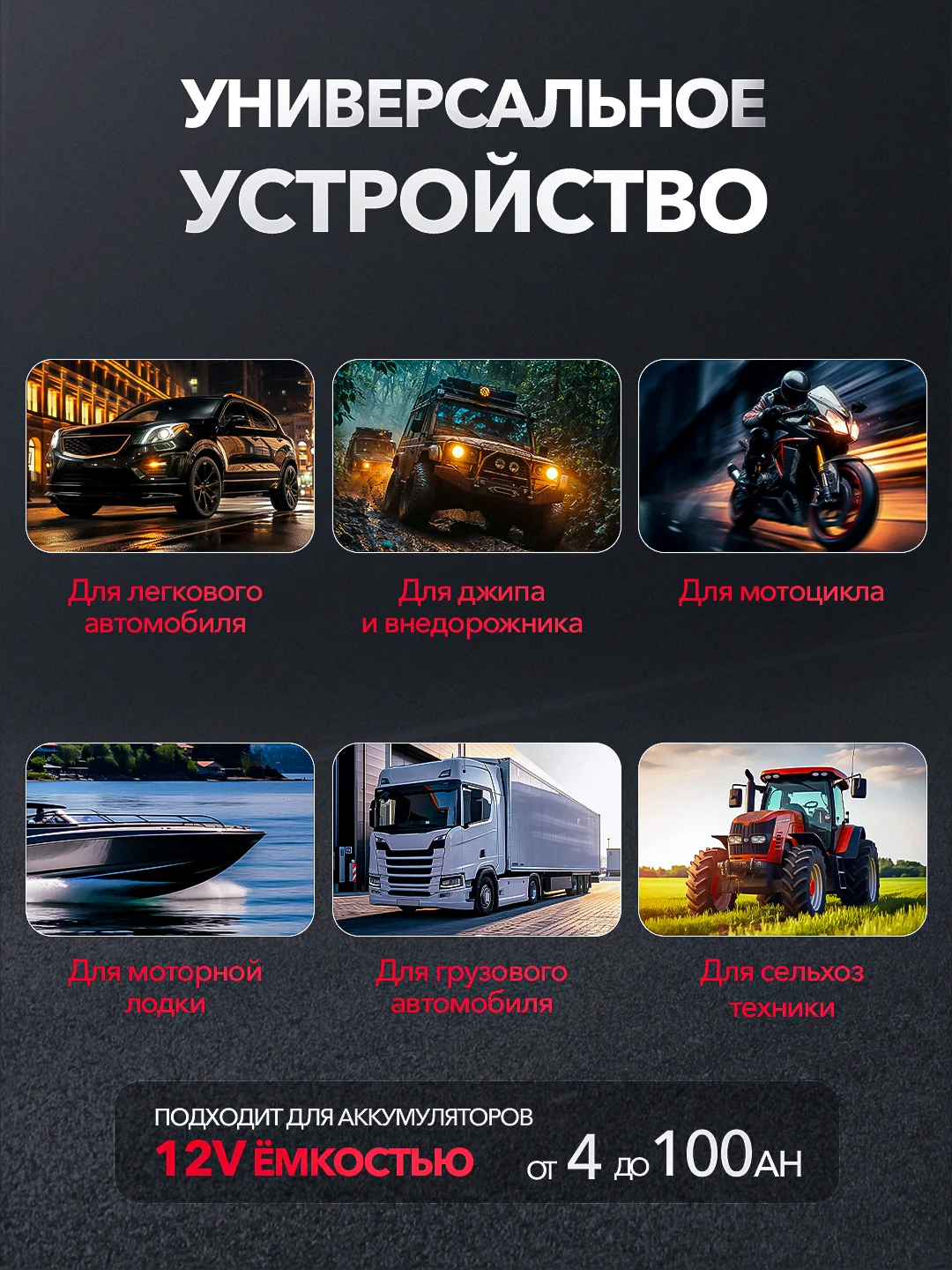 Красный автомобильное зарядное устройство, зарядка для АКБ 12В, автомобильный аккумулятор, зарядка