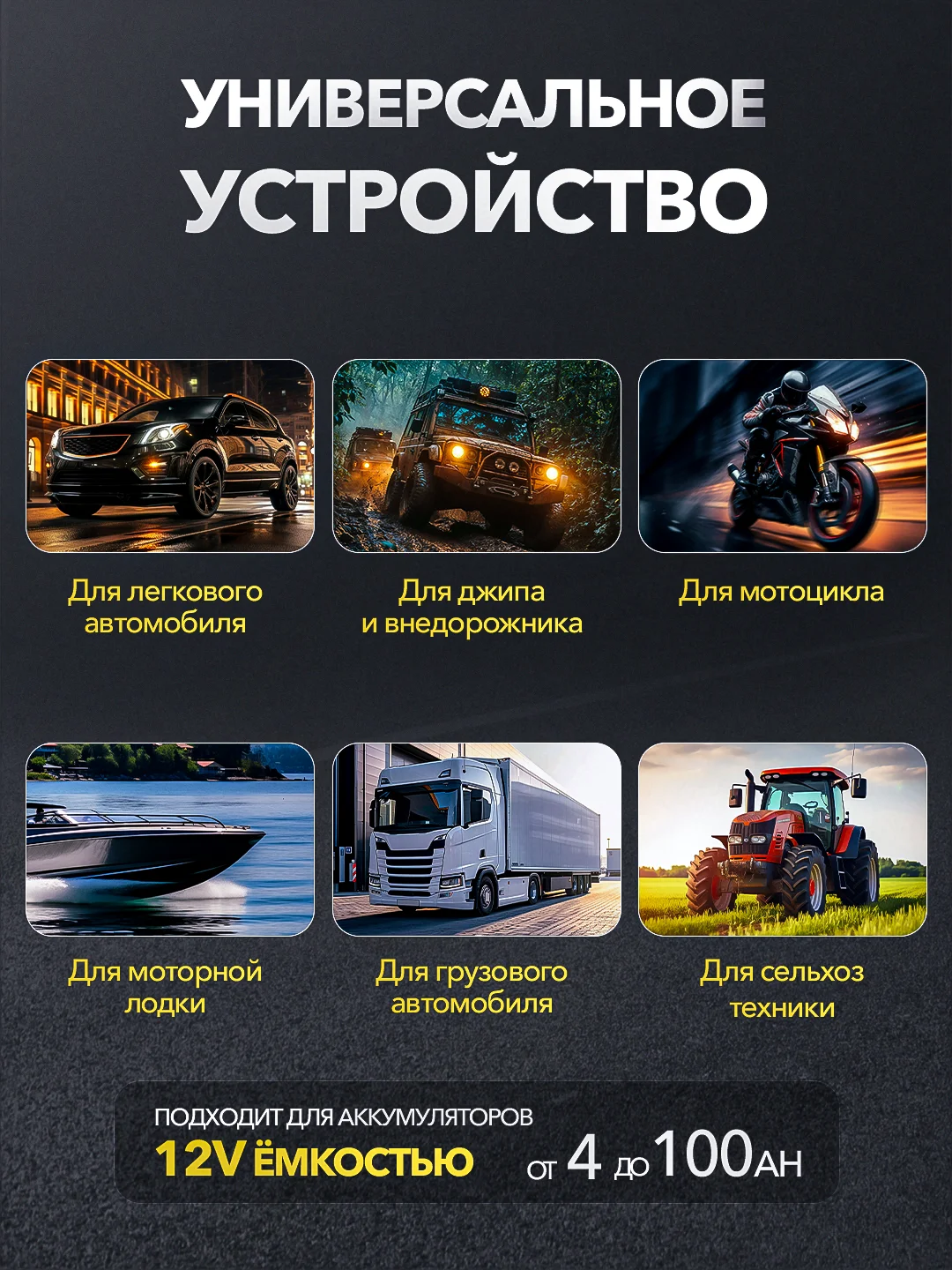 Желтый автомобильное зарядное устройство, зарядка для АКБ 12В, автомобильный аккумулятор, зарядка
