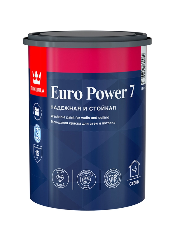 Краска моющаяся для стен и потолков Euro Power-7 (Евро-7) TIKKURILA 0,9л белый (база А)