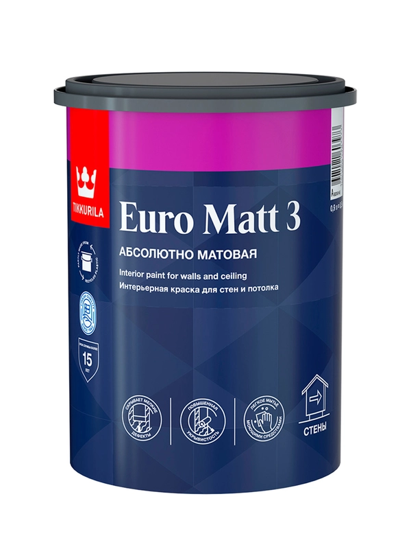 Краска интерьерная Euro Matt-3 (Евро-3) TIKKURILA 0,9л белый (база А)