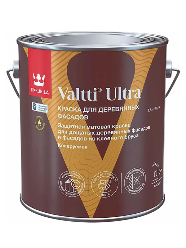 Краска для деревянных фасадов Tikkurila Valtti Ultra, матовая, база С, бесцветная, 2,7 л