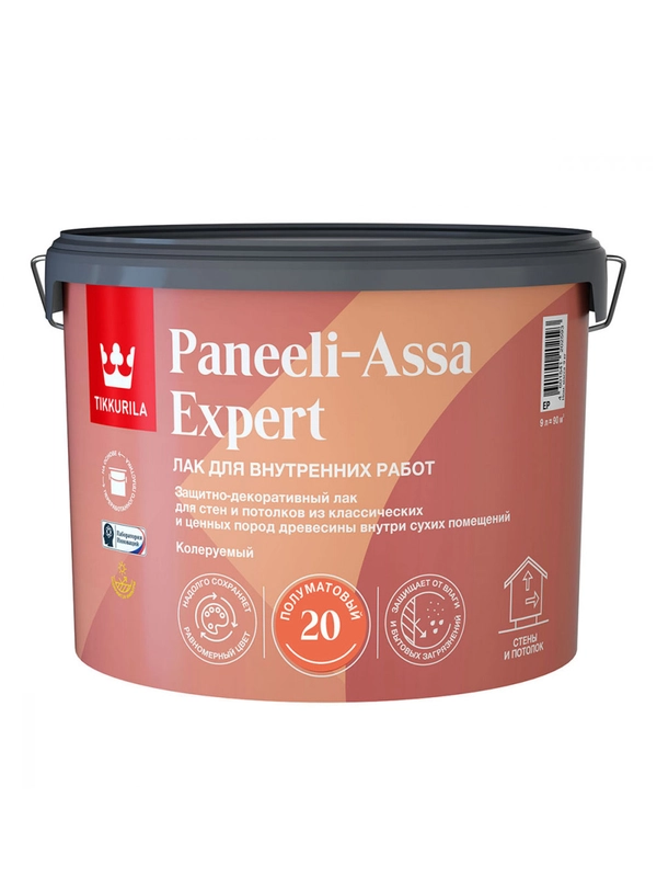 Лак для дерева Tikkurila Paneeli-Assa Expert, акрилатный, полуматовый, база EP, 9 л