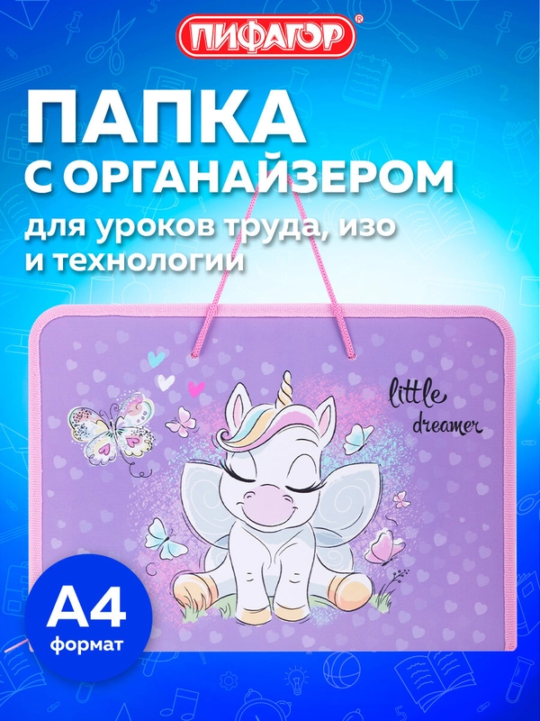 Папка А4 для труда на молнии с ручкой, 1 отделение, Sweet Dreamer, Пифагор, 271471