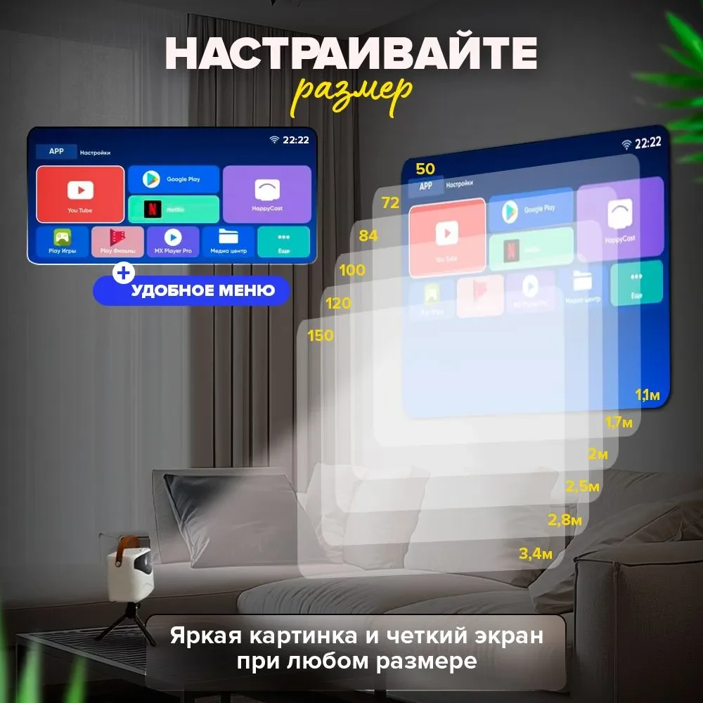 Белый портативный проектор Lingbo T8 Max, с портом, HDMI, Wi-Fi, Full HD, Android TV