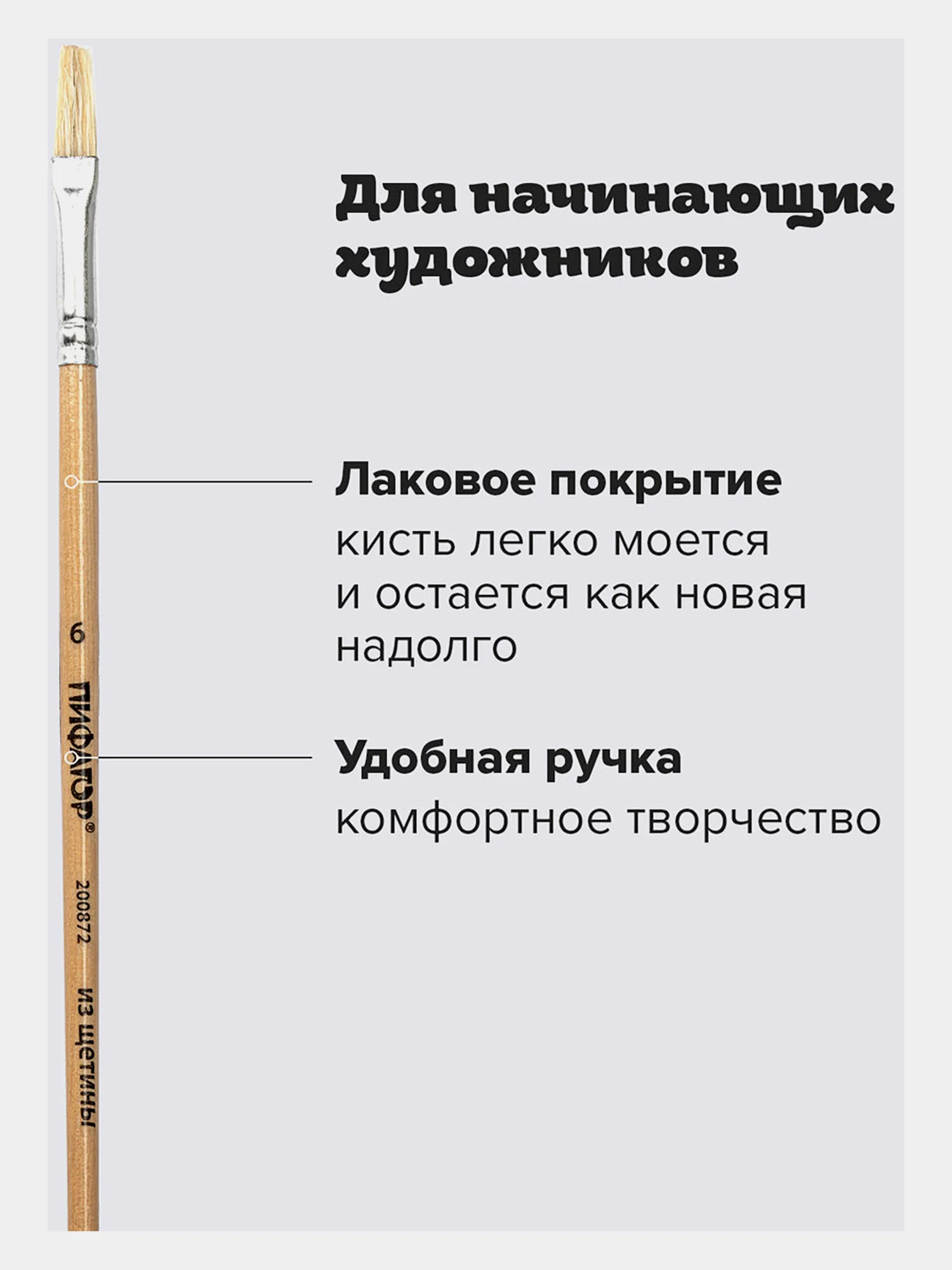 Кисточка (кисть) для рисования, ЩЕТИНА, плоская, № 6 деревянная лакированная ручка, 200872