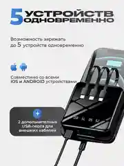Повербанк со встроенными кабелями, Lightning, Type-C, фонарик, 10.000 Mah, powerbank